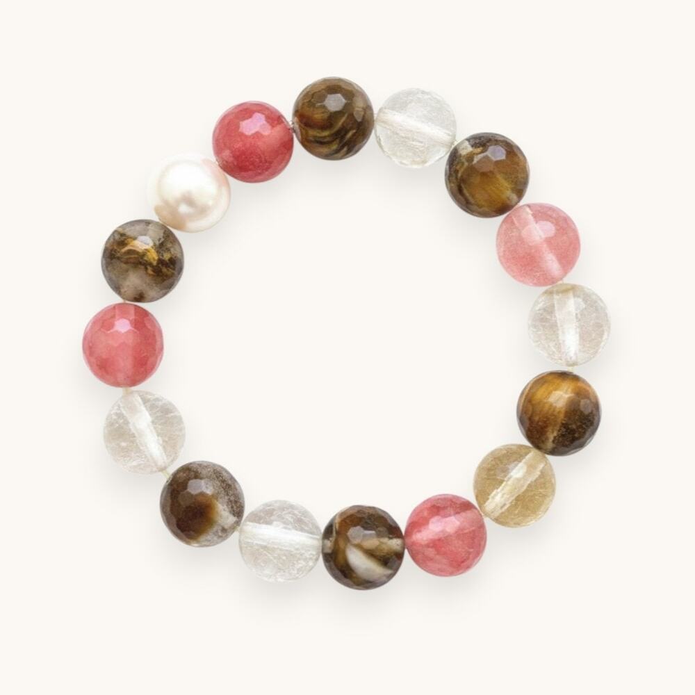Chunky Glass Bead Stretch Bracelet‎ Pink Brown White Earthy Boho Girly Coquette